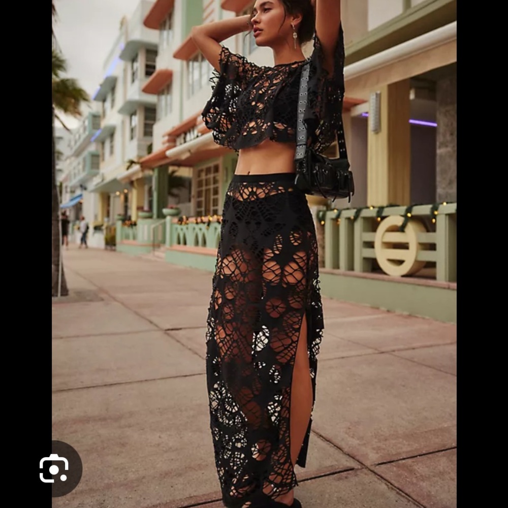 ISO Free People Luka Black Festival Crochet Knit Skirt Top Set Large Medium